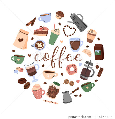 Coffee vector doodles set. Round design. Circle shaped illustration of morning coffee mug cappuccino, espresso, frappe and mocha, different beverages and desserts. Cute simple hand drawn elements 116158482