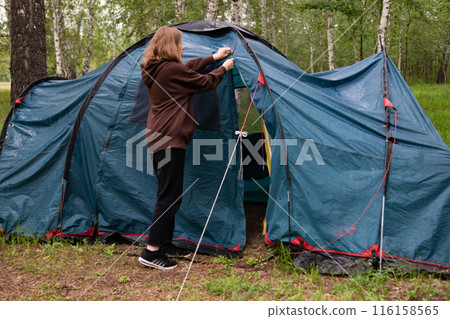 A woman sets up a tent in the forest A woman sets up a tent in the forest 116158565