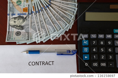 estate agent with customer after contract signature of buying house, Sign contract for more money, US Dollar banknotes money on printed contract paper and pen to sign 116158697