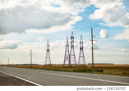 High voltage power lines leading through a green field. Transmission of electricity by means of supports through agricultural areas. 116158787