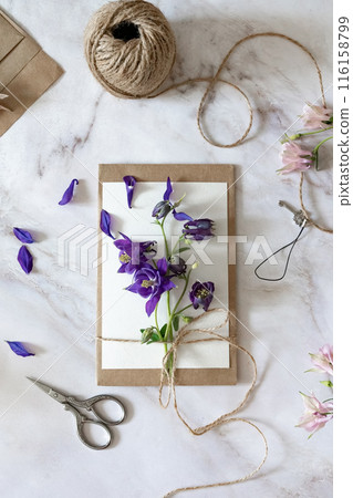 Marble desk with pink and blue flowers, postcard, kraft envelope, twine, cotton branch. Layout of Women's Day or Mother's Day, St. Valentine's Day, flat position, top view. Marble desk with pink and blue flowers, postcard, kraft envelope, twine, cotton branch. Layout of Women's Day or Mother's Day, St. Valentine's Day, flat position, top view. 116158799