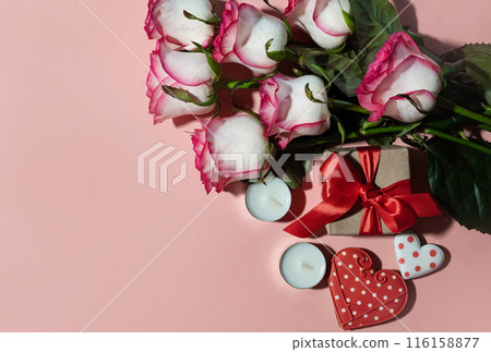 Valentine's Day. International Women's Day. Mothers day. Red hearts and craft gifts on a white wooden background. Copy space. Valentine's Day. International Women's Day. Mothers day. Red hearts and craft gifts on a white wooden background. Copy space. 116158877