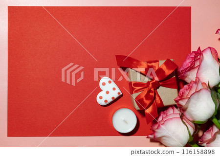 Valentine's Day. International Women's Day. Mothers day. Red hearts and craft gifts on a white wooden background. Copy space. 116158898