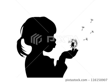 Silhouette of the girl blows dandelion, little girl with dandelion 116158907