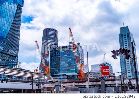 Tokyo Redevelopment Shibuya Station under construction seen from Miyamasuzakashita intersection June 2024 Vivid colors 116158942