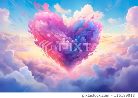 heart shaped colourful cloud in blue sky, creative design pattern concept, generative AI 116159018