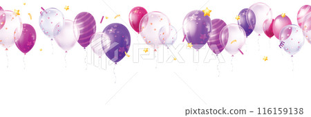 3D balloon seamless border, vector holiday air bubbles frame, birthday party decoration, confetti. 3D balloon seamless border, vector holiday air bubbles frame, birthday party decoration, confetti. 116159138