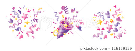 3D party paper popper confetti icon, vector holiday plastic serpentine, stars, festive flying ribbon 116159139
