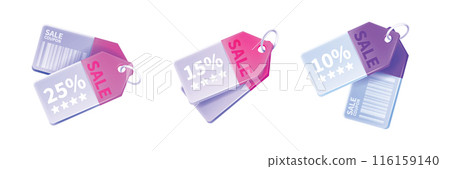 3D sale tag icon set, vector shopping voucher badge, marketing discount coupon gift sticker kit.  116159140