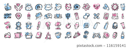 Self-care doodle icon set, mental health symbol, vector hand drawn positive thinking good habits. Optimism lifestyle collection, personal psychology support ink sketch. Relax routine self-care icon 116159141