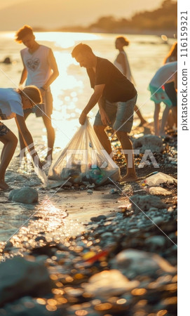 Environmental activists converge on a littered sea beach, driven by passion and dedication, joining forces in a united effort to clean up, against the serene backdrop of a pristine shoreline 116159321
