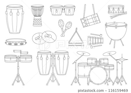 Vector illustration set of percussion musical instruments for coloring in cartoon style isolated on white background 116159469