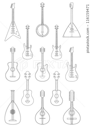 Vector illustration set of string instruments playing by plucking the strings for coloring in cartoon style isolated on white background 116159471