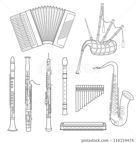 Vector illustration set of woodwind musical instruments for coloring in cartoon style isolated on white background 116159474