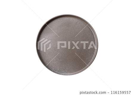 Empty ceramic round plate on dark textured concrete background Empty ceramic round plate on dark textured concrete background 116159557