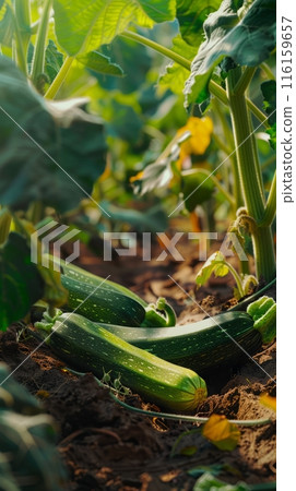 On a flourishing plantation, zucchinis grow abundantly, their fresh, green forms standing out against the rich soil and verdant leaves 116159657