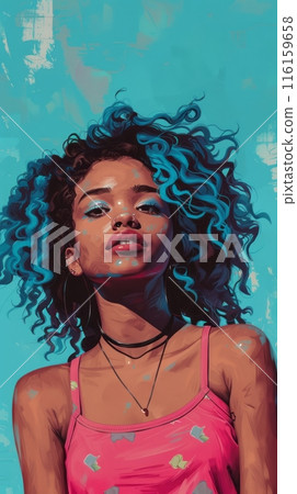 A stunning Afro young lady with blue hair and a pink top stands out against a plain turquoise background, Her radiant beauty and the vibrant colors of her outfit and hair create a captivating portrait 116159658