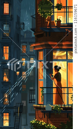 The woman methodically washes the windows in her apartment, her attention to detail leaving the glass spotless and contributing to a cleaner and more inviting home 116159671