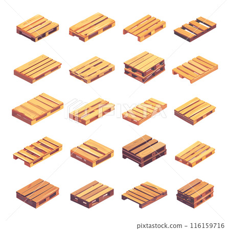Cartoon Various Types of Wooden Pallets Icons Set. Simple Vector Cartoon Style White Background Shipping Pallets Illustrations Warehouse Storage Logistic Equipment Pallet 116159716