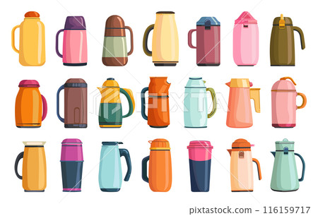 Cartoon Various Thermoses. Simple Style White Background Thermos Flask Illustrations Insulated Drink Containers Collection Travel Accessories Coffee Hot Beverage Container Outdoor 116159717