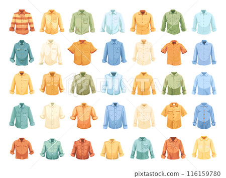 Cartoon Classic Shirts in Different Shapes and Colors Icon Set. White Background Simple Cartoon Style Clothing Illustrations Apparel Collection Fashion Design Clipart 116159780