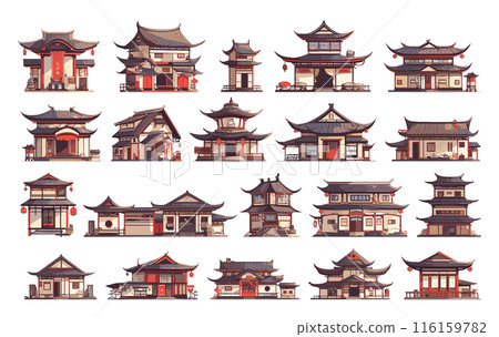 Cartoon Chinese Traditional Houses Icon Set. White Background Ancient Architecture Pagoda Temples Cultural Heritage Asian Buildings Illustrations Vector Clipart 116159782