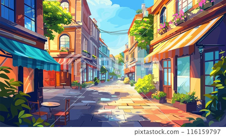 Alleyway Shops Coffee Stores Buildings Doors Urban Scene Cartoon Style Background Street Cityscape Vector Art Design Illustration 116159797