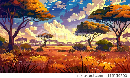African Savannah Beautiful Trees Jungle Meadow Cartoon Style Background Wilderness Nature Safari Landscape Africa Wildlife Game Style Cartoon Illustration 116159800