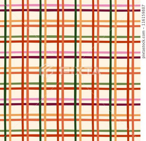 Colorful gingham tartan check plaid seamless pattern. Vector yellow, red, green stripes on beige background. 116159887