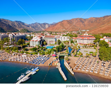 Icmeler town beach aerial panoramic view in Turkey Icmeler town beach aerial panoramic view in Turkey 116159930