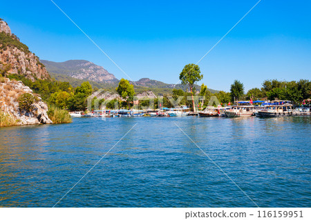 Boats at Dalyan river in Dalyan town, Turkey Boats at Dalyan river in Dalyan town, Turkey 116159951