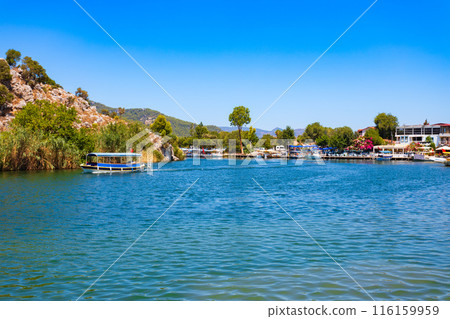 Boats at Dalyan river in Dalyan town, Turkey 116159959