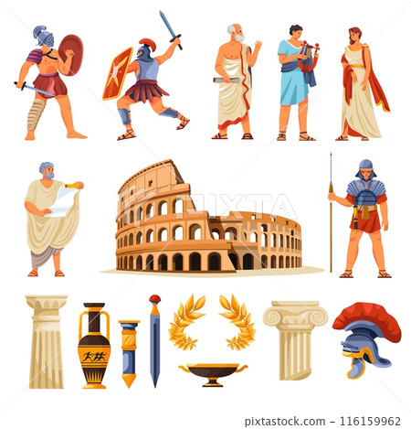Ancient rome empire. Roman civilization people, greek culture religion elements caesar wreath amphora coliseum gladiator citizen history characters set, recent illustration Ancient rome empire. Roman civilization people, greek culture religion elements caesar wreath amphora coliseum gladiator citizen history characters set, recent illustration 116159962