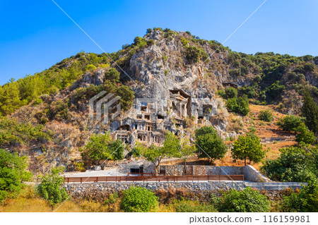 The Tomb of Amyntas is an ancient Lycian rock tomb in Fethiye city, Turkey 116159981