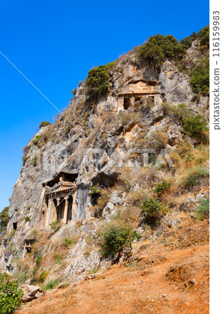 The Tomb of Amyntas is an ancient Lycian rock tomb in Fethiye city, Turkey 116159983