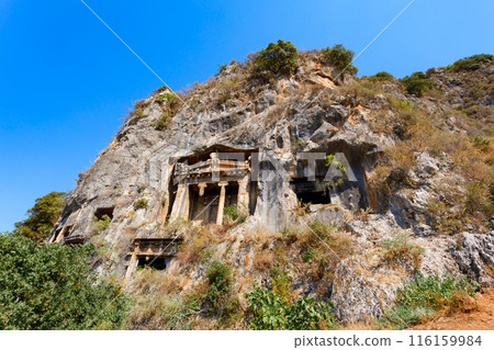 The Tomb of Amyntas is an ancient Lycian rock tomb in Fethiye city, Turkey 116159984