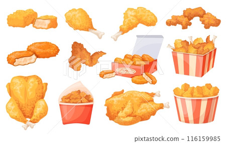 Cartoon fried chicken. Tasty chick roast drumsticks wings legs bucket or frying nuggets in crispy breading, fast food cook menu grilled chickens drumstick, neat illustration Cartoon fried chicken. Tasty chick roast drumsticks wings legs bucket or frying nuggets in crispy breading, fast food cook menu grilled chickens drumstick, neat illustration 116159985