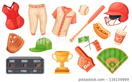 Cartoon baseball accessories. Baseballs game uniform clothes or sport equipment sticker, glove helmet hat bat ball scoreboard stadium base ground field set neat illustration 116159999