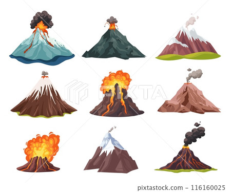 Cartoon volcano eruption. Active volcanoes exploding fire lava and volcanic ashes, dark mountain rock crater erupting magma explosion dust cloud ash, ingenious illustration Cartoon volcano eruption. Active volcanoes exploding fire lava and volcanic ashes, dark mountain rock crater erupting magma explosion dust cloud ash, ingenious illustration 116160025