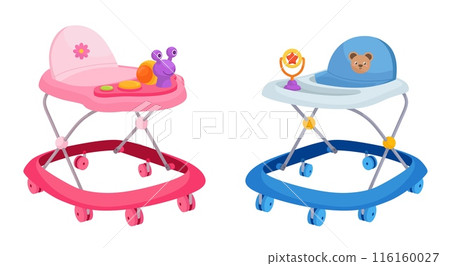 Baby walker. Infant walkers for babies walking learning, child boy girl learn walk chair on wheels kids wheel carriage with toy set isolated cartoon ingenious illustration 116160027