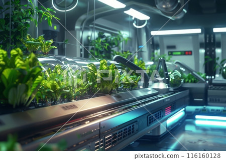 Experience a small indoor hydroponic system thriving with fresh lettuce and herbs. This innovative setup uses nutrient-rich water to cultivate flavorful greens, regenerative instead of sustainable 116160128