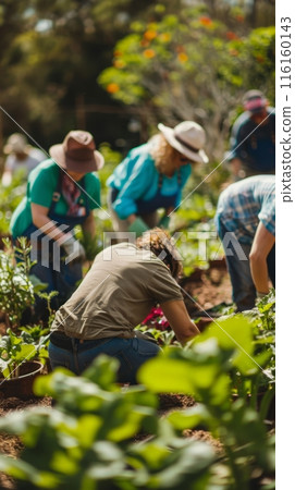 In a joint initiative, neighbors come together to create a community garden, through shared labor and passion for gardening, they transform a space into a thriving hub of greenery , do it together 116160143