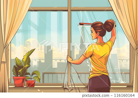 In her apartment, a woman carefully washes the windows, using a cloth and cleaning solution to remove dirt and streaks, creating a clearer view and a fresher environment, cartoon illustration 116160164