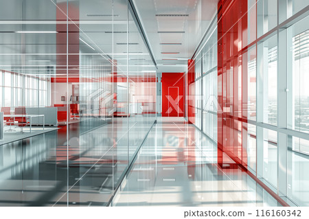 Bright office interior with red highlights and glass partitions. Ideal for business articles, office furniture catalogs, and corporate promotions. Bright office interior with red highlights and glass partitions. Ideal for business articles, office furniture catalogs, and corporate promotions. 116160342