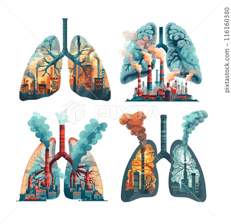 Bad ecology cartoon vector concepts. pipes factories smoke human bronchi lungs air pollution industrial production toxicity breathing organs intoxication, illustrations isolated on a white background 116160380