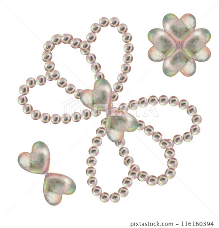 Pearl jewelry in the shape of a heart, flower, butterfly. Watercolor illustration in pastel palette with holographic effect as a template for Valentine's Day, engagement, wedding, Mother's Day 116160394