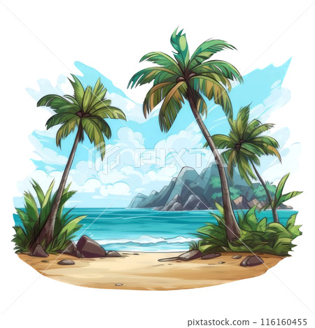 Paradise beach with palm trees and islands in the distance Paradise beach with palm trees and islands in the distance 116160455