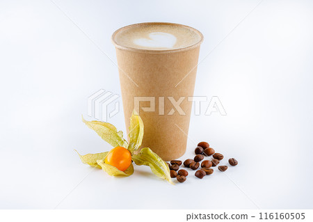 Cappuccino coffee with latte art on top in white paper mug. White background. 116160505
