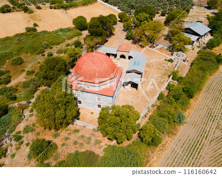 Ilyas Bey Kulliyesi Mosque aerial panoramic view at Miletus 116160642