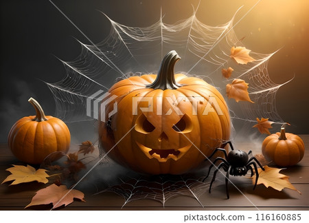 Halloween, black spider with web and big orange pumpkin 116160885